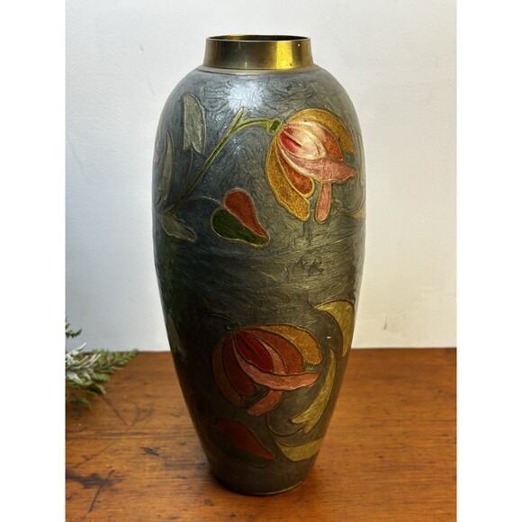 Large Vintage Brass & Enamel Cloisonné Painted Vase Pink Floral 11.5” Tall READ - Picture 3 of 9